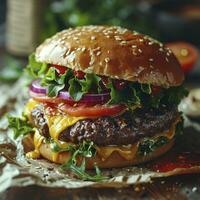 ai generado un hermosa hamburguesa con carne de res, americano queso, latus vegetal y tomate en un de madera mesa foto