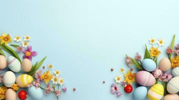 AI generated Spring flowers and colorful easter egg with pastel blue background photo