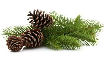 AI generated fir tree branches with cones isolated on white background photo