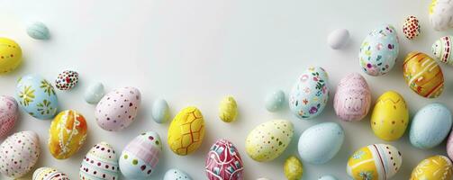 AI generated Easter banner with colorful Easter Egg double side border over a white background. Top view with copy space. photo