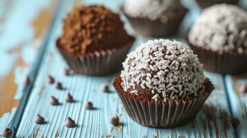 AI generated Brigadeiro in paper forms on blue wooden background, close up photo