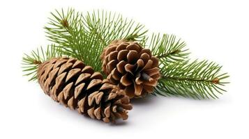 AI generated fir tree branches with cones isolated on white background photo