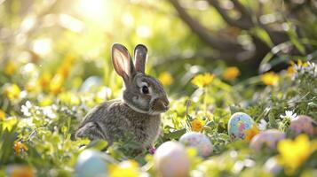 ai generado adorable conejito con Pascua de Resurrección huevos en florido prado foto