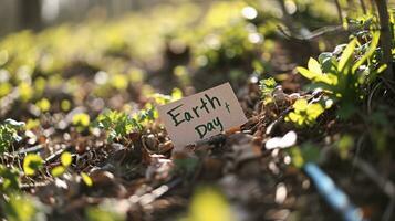 AI generated Text Earth Day written with a marker on a sticky note in a garden photo