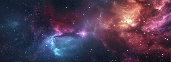 AI generated Concept of web banner. Magic color galaxy. Horizontal space background with realistic nebula, stardust and shining stars. Infinite universe and starry night sky. photo