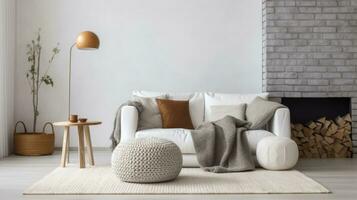 AI generated Knitted Pouf Beside a white sofa with terra cotta pillows in a hygge-style scandinavian living room photo