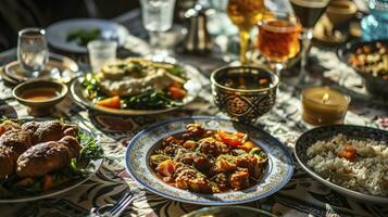 ai generado tradicional comida para iftar en hora de Ramadán foto