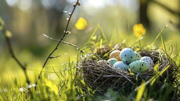 AI generated Nest with easter eggs in grass on a sunny spring day - Easter decoration, banner, panorama, background photo