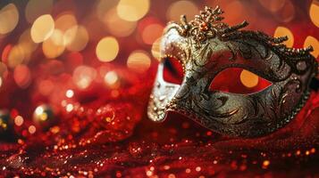 AI generated Carnival Card Magic Golden Carnival mask With Glitter In Shiny red Background photo