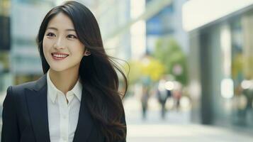 AI generated Asian business woman wearing suit walking on city street outside photo