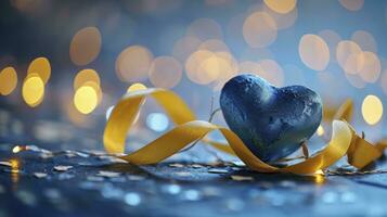 AI generated Blue heart, yellow ribbon wrapping around the heart, on bokeh background. photo