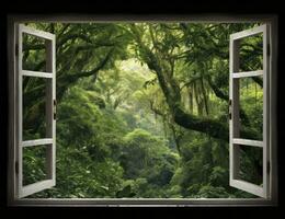 AI generated Modern house open window view forest background photo