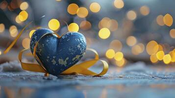 AI generated Blue heart, yellow ribbon wrapping around the heart, on bokeh background. photo