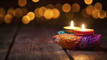 ai generado diwali festival ardiente velas en un madera dura piso foto