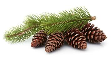 AI generated fir tree branches with cones isolated on white background photo