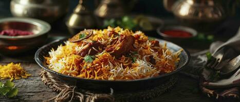 AI generated Chicken biryani served on a plate photo