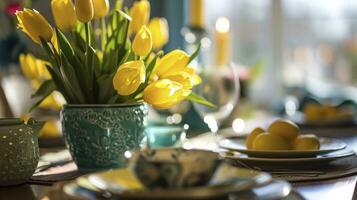 AI generated Yellow tulips at easter dining table photo