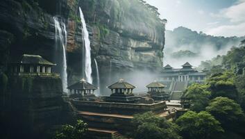 AI generated picture of temple and waterfall flowing splashing the top of the water photo