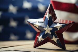 ai generado americano bandera y ester en un de madera mesa con Copiar espacio para texto foto