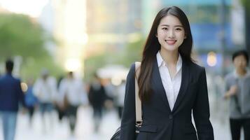 AI generated Asian business woman wearing suit walking on city street outside photo