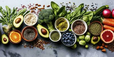 ai generado sano comida limpiar comiendo selección. fruta, verdura, semillas, superalimento, cereal, hoja vegetal en gris hormigón antecedentes. foto