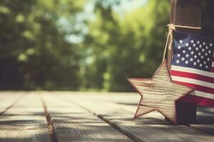 AI generated American flag on a wooden table with copy space for text photo