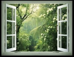 AI generated Modern house open window view forest background photo