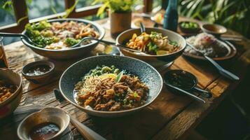 AI generated Overhead view of food served in bowl on table photo