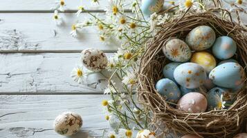 AI generated Painted Eggs with Flowers. Easter Banner with copy-space, featuring a Basket of Eggs on White Wood floor. photo