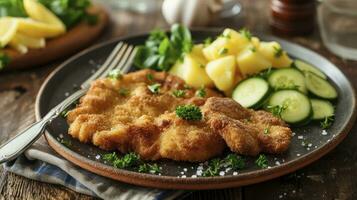 AI generated Classic fried schnitzel served with potato and cucumber salad on a rustic modern plate photo