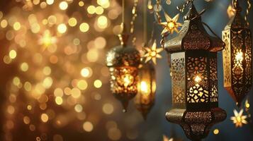 AI generated Arabic traditional Ramadan Kareem eastern lanterns garland. Muslim ornamental hanging golden lanterns on bokeh background. photo