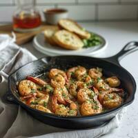 AI generated A cast iron skillet with garlic shrimp, on a white countertop. Behind the skillet is a plate with a portion of shrimp and bread photo