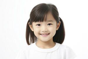ai generado asiático sonriente pequeño niña retrato aislado en blanco antecedentes foto