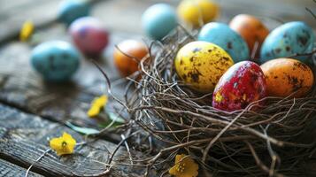 AI generated Beautiful colorful easter eggs on wooden photo