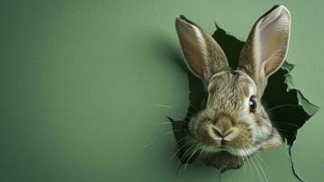 AI generated Bunny peeking out of a hole in paper, fluffy eared bunny easter bunny banner, rabbit jump out torn hole. photo