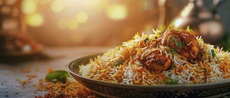 AI generated Chicken biryani served on a plate photo