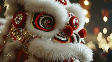 AI generated Chinese traditional lion dance costume performing at a temple in China, Lunar new year celebration, Chinese New Year photo