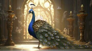 AI generated A peacock featuring opulent golden accents and regal motifs photo