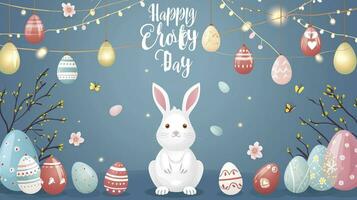 AI generated Happy Easter card with easter eggs garland and rabbit. Simple decoration. photo