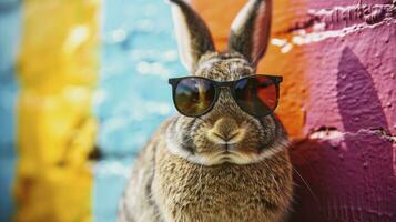 AI generated Cool bunny with sunglasses on colorful background photo
