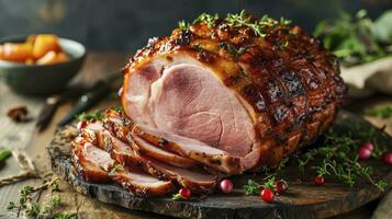 AI generated Homemade, warm, steaming Glazed Easter Spiral Cut Ham photo