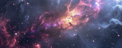 AI generated Concept of web banner. Magic color galaxy. Horizontal space background with realistic nebula, stardust and shining stars. Infinite universe and starry night sky. photo