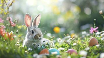 AI generated Easter bunny ears with easter eggs on meadow with flowers background banner photo