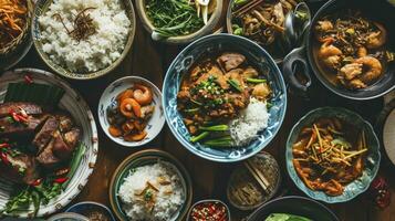 AI generated Overhead view of food served in bowl on table photo