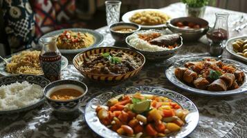 ai generado tradicional comida para iftar en hora de Ramadán foto