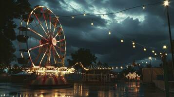 AI generated Old carnival with a ferris wheel on a cloudy night. 3D rendering, illustration photo