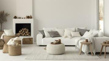 AI generated Knitted Pouf Beside a white sofa with terra cotta pillows in a hygge-style scandinavian living room photo