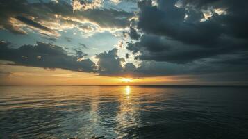 ai generado nublado cielo a puesta de sol terminado móvil bahía foto