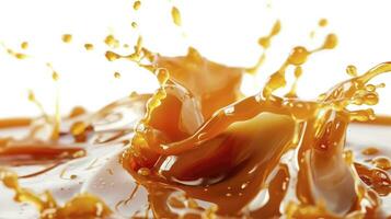 AI generated Delicious caramel splashes isolated on white background, cut out photo