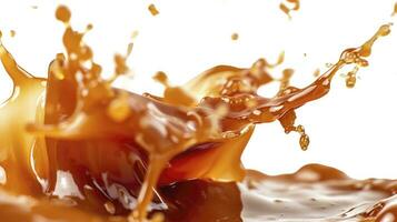 AI generated Delicious caramel splashes isolated on white background, cut out photo